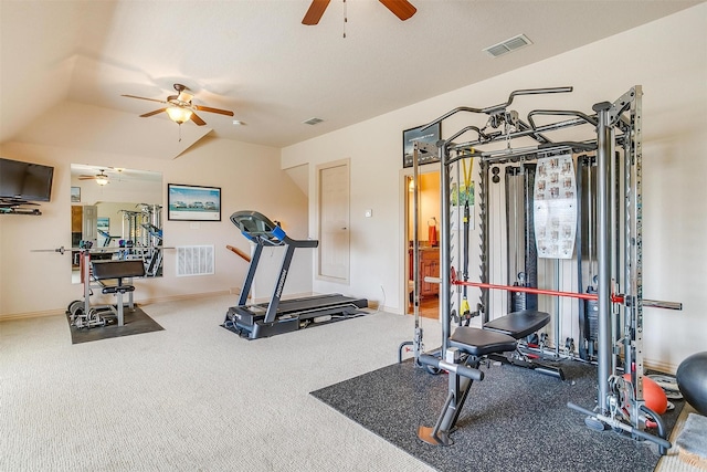 workout room with vaulted ceiling, ceiling fan, and carpet