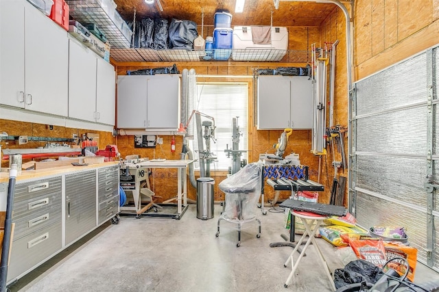 garage with wooden walls and a workshop area