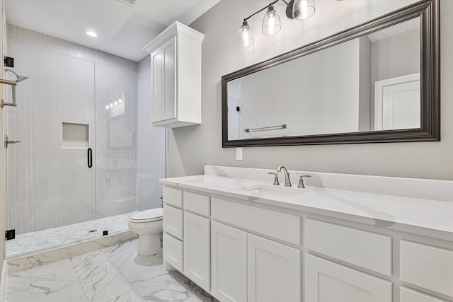 bathroom featuring an enclosed shower, tile patterned flooring, toilet, and vanity