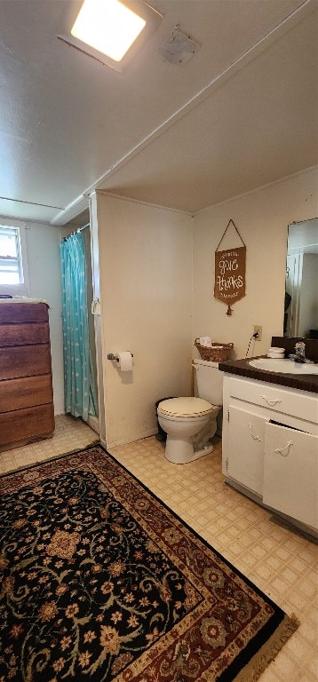 bathroom featuring tile flooring, toilet, and vanity