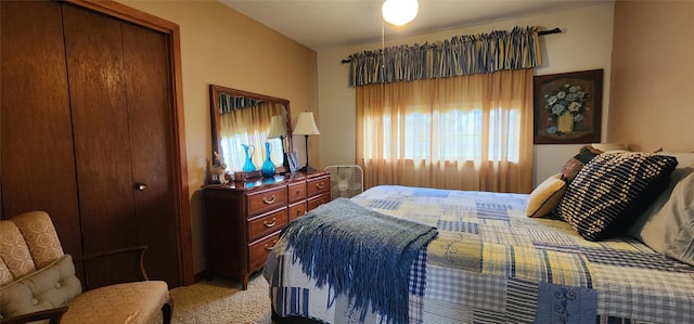 bedroom with a closet and light colored carpet