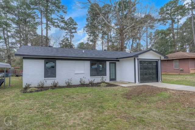 single story home featuring a front yard and a garage