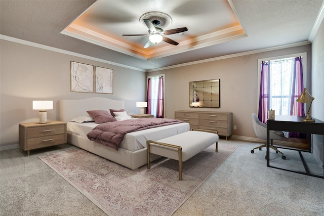 102 Apollo Trl, Aurora, TX 76078 - bedroom with a tray ceiling, light carpet, crown molding, baseboards, and ceiling fan
