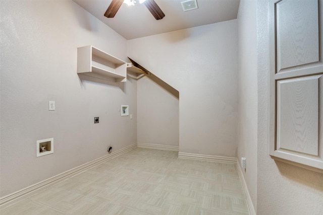 102 Apollo Trl, Aurora, TX 76078 - clothes washing area featuring electric dryer hookup, washer hookup, a ceiling fan, and baseboards