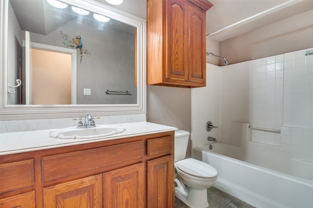 full bathroom featuring tile flooring, oversized vanity,  shower combination, and toilet