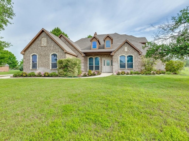 102 Apollo Trl, Aurora, TX 76078 - french provincial home with a chimney, a front yard, brick siding, and roof with shingles