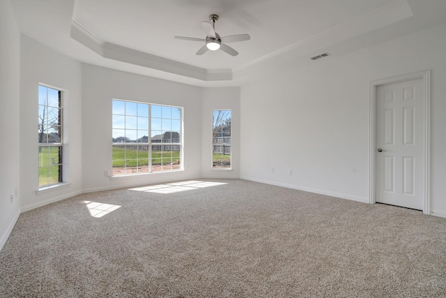 carpeted spare room with ceiling fan, a raised ceiling, and crown molding