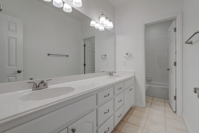 full bathroom featuring tile patterned flooring, vanity, toilet, and tiled shower / bath