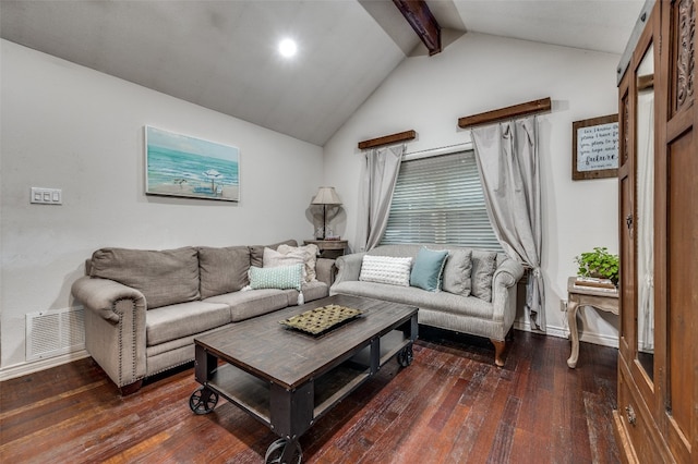 living room featuring vaulted ceiling with beams and dark hardwood / wood-style floors