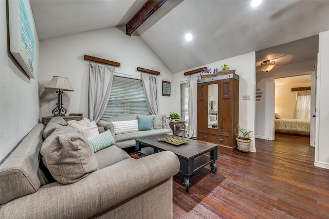 living room featuring lofted ceiling with beams and dark wood-type flooring