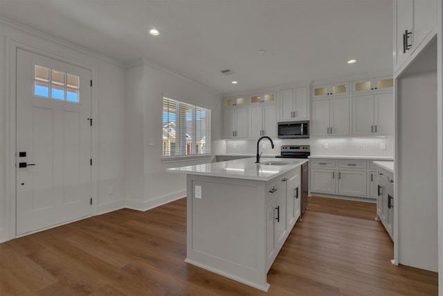 kitchen featuring appliances with stainless steel finishes, wood-type flooring, a wealth of natural light, and a kitchen island with sink