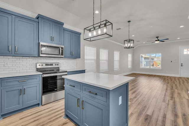 kitchen with ceiling fan with notable chandelier, appliances with stainless steel finishes, backsplash, hanging light fixtures, and light wood-type flooring