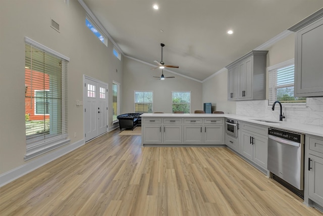 kitchen with backsplash, ceiling fan, appliances with stainless steel finishes, and light wood-type flooring