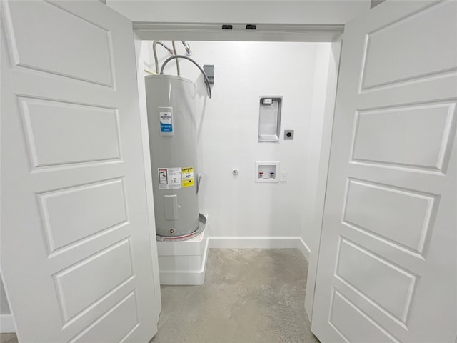 clothes washing area with washer hookup, hookup for an electric dryer, electric water heater, and hookup for a gas dryer