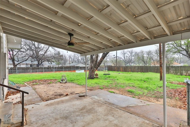 view of patio featuring ceiling fan