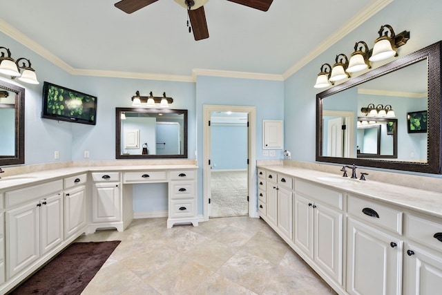 bathroom featuring ornamental molding, vanity, and ceiling fan