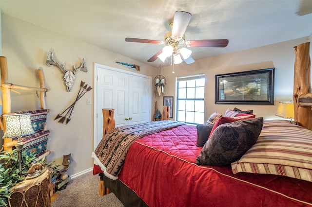 bedroom with a closet, carpet, and ceiling fan