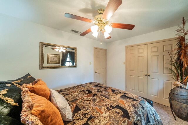 bedroom featuring carpet flooring, a closet, and ceiling fan