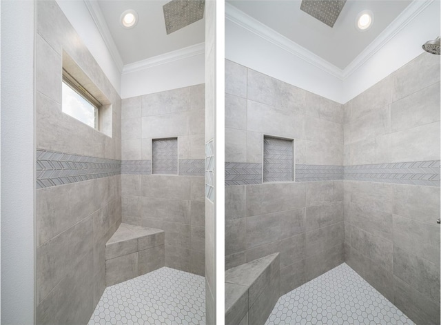 bathroom featuring crown molding and tiled shower