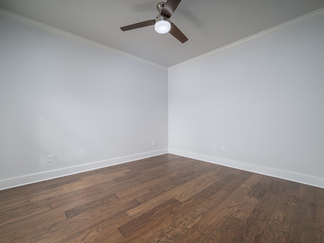 empty room with crown molding, ceiling fan, and dark hardwood / wood-style floors