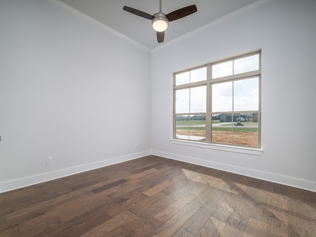 unfurnished room featuring ornamental molding, ceiling fan, and dark wood-type flooring