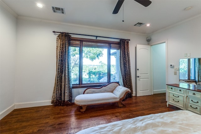 bedroom with ceiling fan, dark hardwood / wood-style flooring, and ornamental molding