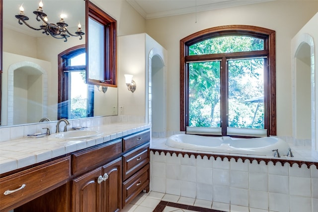 bathroom featuring tile patterned flooring, a chandelier, plenty of natural light, and crown molding