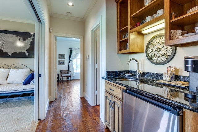 kitchen with stainless steel dishwasher, dark stone countertops, ornamental molding, and sink