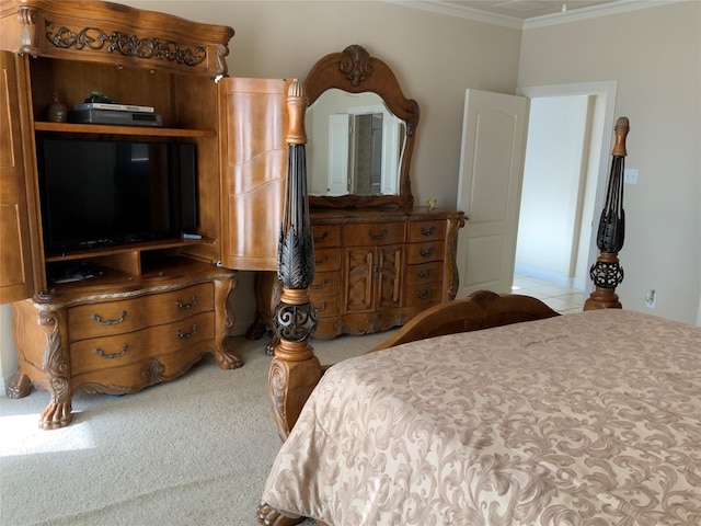 bedroom with light carpet and ornamental molding