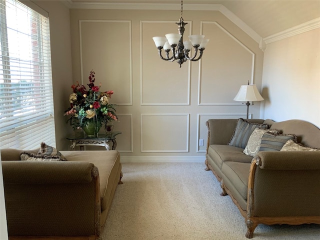 living room with light carpet, ornamental molding, a chandelier, and lofted ceiling