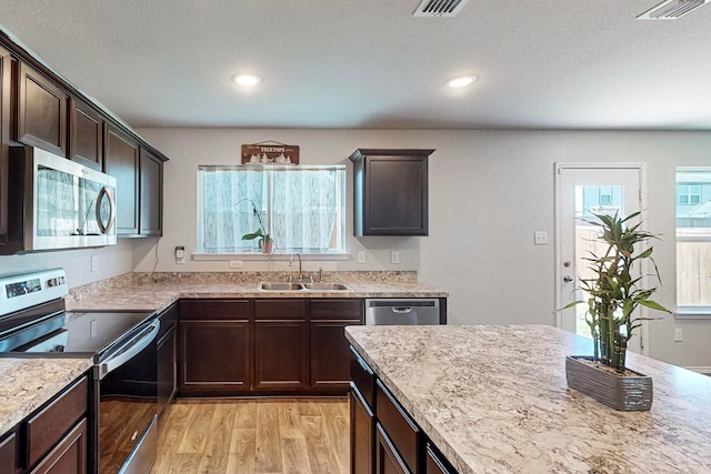 kitchen with dark brown cabinetry, appliances with stainless steel finishes, light wood-type flooring, and sink