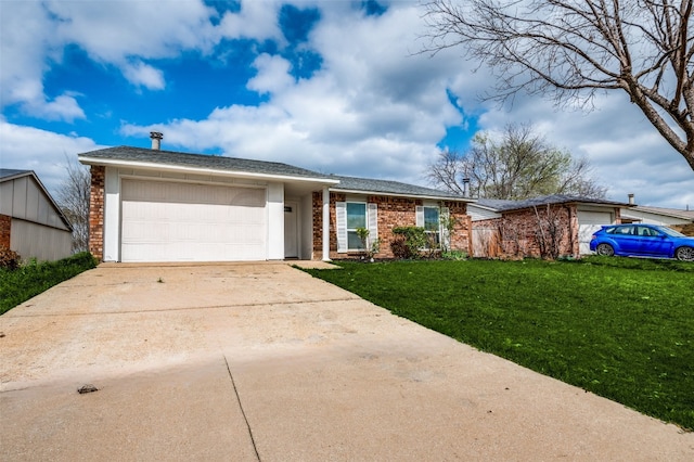 single story home featuring a front lawn and a garage