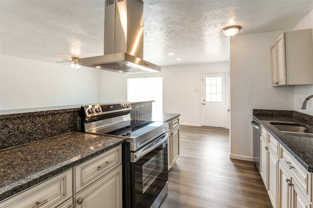 kitchen featuring dark hardwood / wood-style floors, ceiling fan, appliances with stainless steel finishes, sink, and exhaust hood