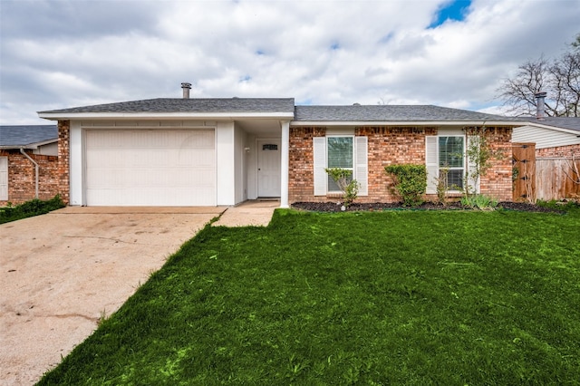 single story home featuring a front yard and a garage