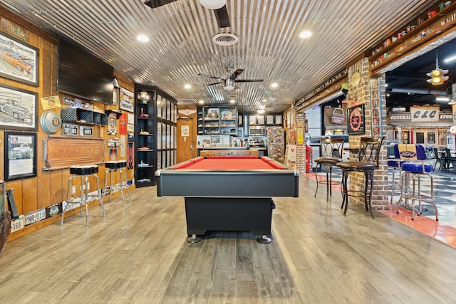 rec room with visible vents, wooden ceiling, ceiling fan, pool table, and light wood-type flooring