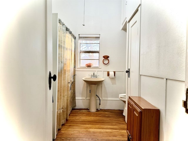 bathroom with hardwood / wood-style floors, toilet, and sink