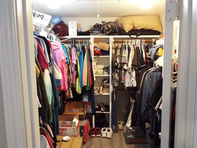 walk in closet with hardwood / wood-style floors