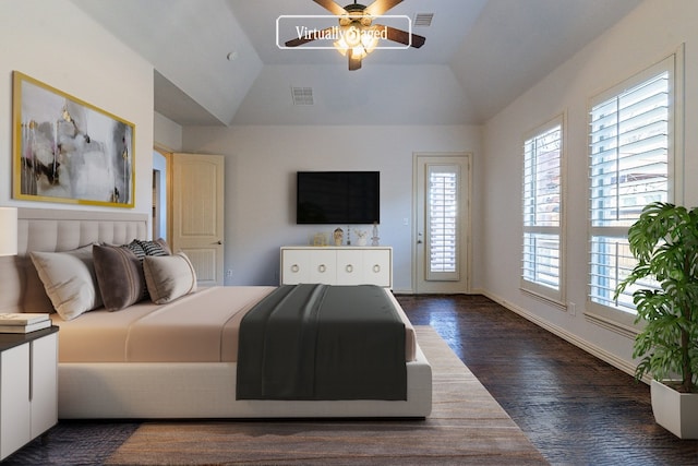 bedroom featuring dark hardwood / wood-style flooring, ceiling fan, lofted ceiling, and access to outside