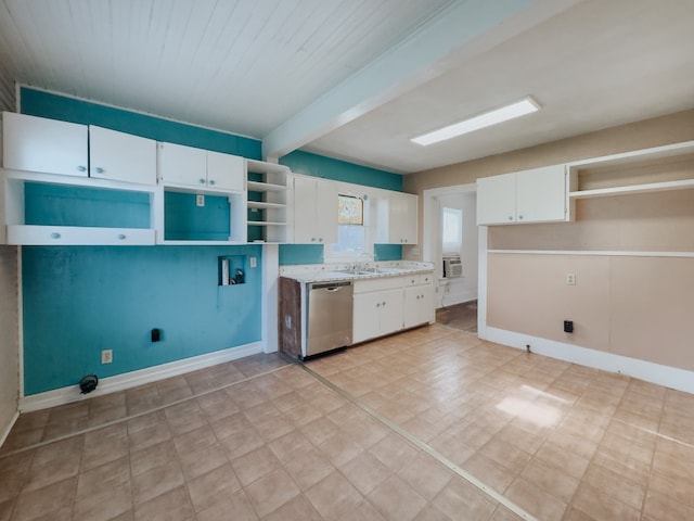 kitchen featuring beamed ceiling, sink, white cabinetry, and stainless steel dishwasher