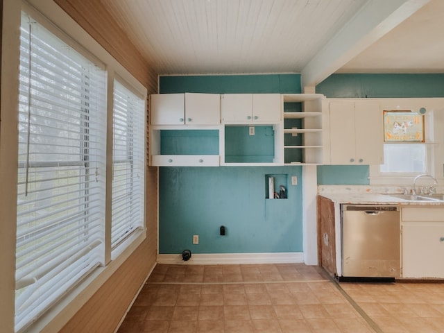 washroom featuring light tile patterned floors, wood ceiling, plenty of natural light, and sink