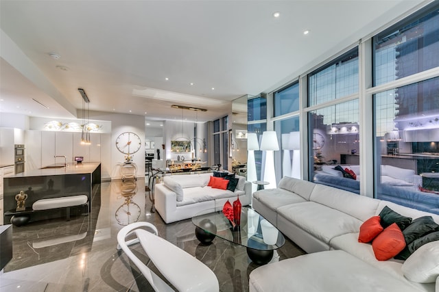 living room with floor to ceiling windows