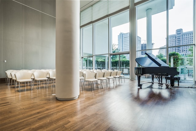 misc room featuring hardwood / wood-style flooring, a high ceiling, and a wall of windows