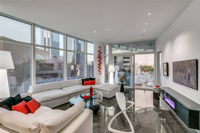 living room with a wall of windows