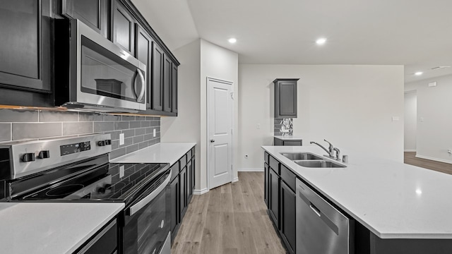 kitchen with appliances with stainless steel finishes, light wood-type flooring, sink, and decorative backsplash