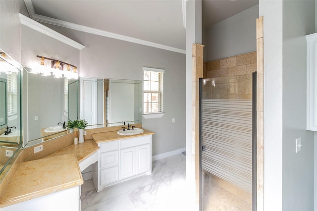 bathroom featuring vanity, a shower with door, and crown molding