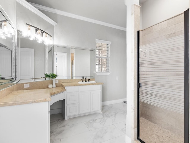 bathroom featuring baseboards, ornamental molding, marble finish floor, vanity, and a shower stall