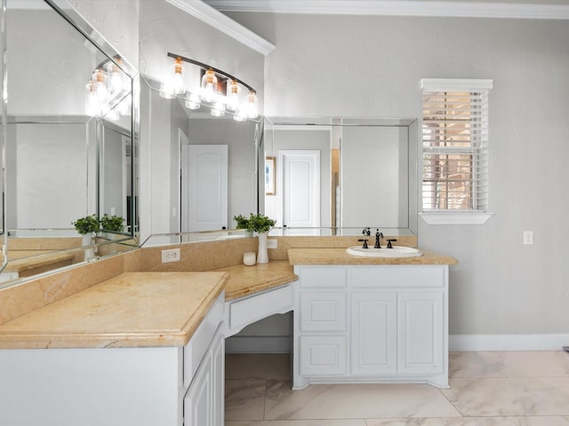 full bath featuring marble finish floor, baseboards, crown molding, and vanity