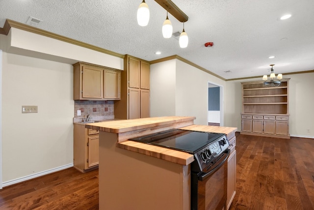 kitchen with black electric range, dark hardwood / wood-style floors, a notable chandelier, pendant lighting, and butcher block countertops