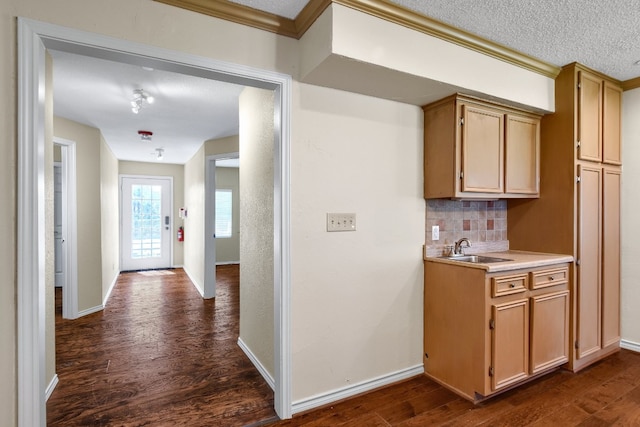 interior space featuring a textured ceiling, dark wood-type flooring, sink, and ornamental molding