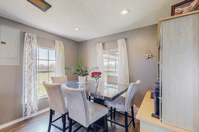 dining space featuring dark hardwood / wood-style floors and electric panel